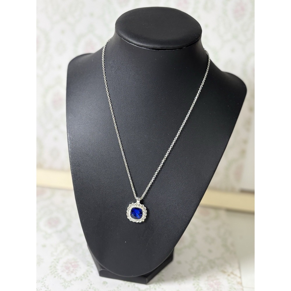 Vintage Monet  Blue  Pendant Necklace W/Silver  Tone Chain .8" Drop, 1.5"